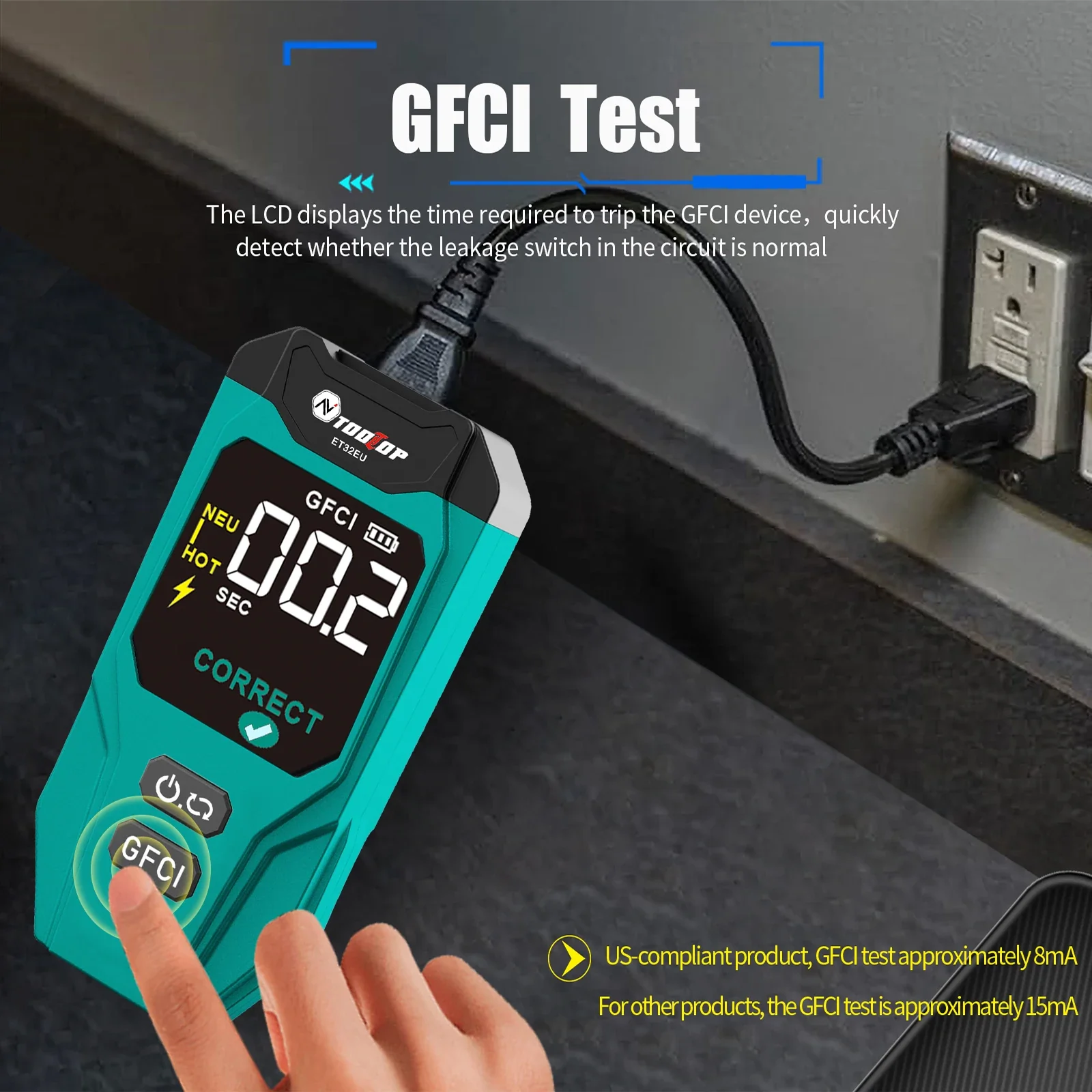 TOOLTOP ET32 Digital Circuit Breaker Finder & Socket Tester with GFCI Trip Time Display EU UK US Plug Leakage Current Detector - Image 5