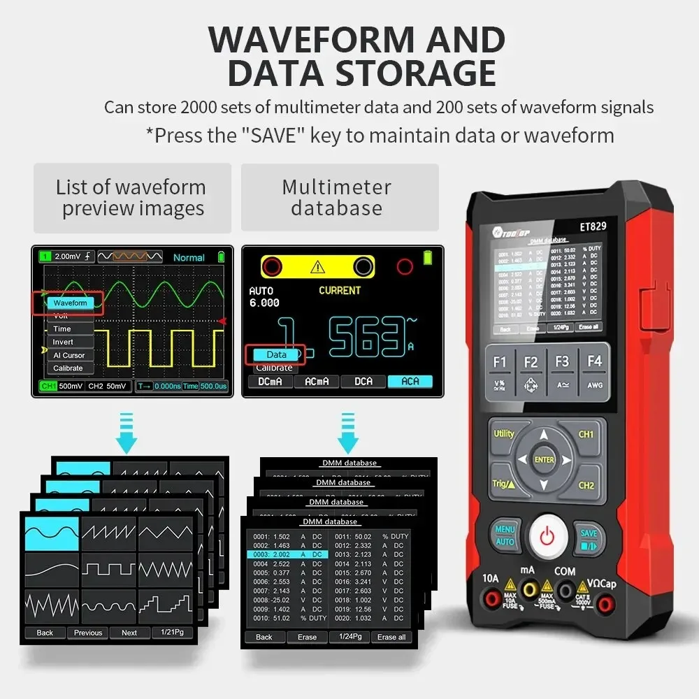 TOOLTOP ET829 2 Channel 250MSa/s 80MHz Digital Storage Osclloscope Multimeter Signal Generator 3 in 1 Multifunction Oscilloscope - Image 3