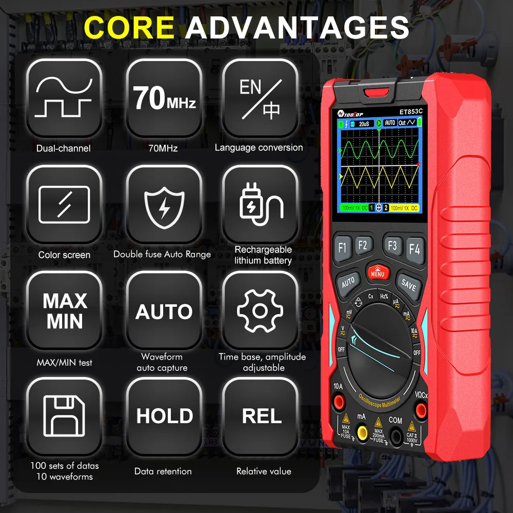 TOOLTOP ET853C 70Mhz 2CH Portable Digital Oscilloscope 20000 Counts Digital Multimeter Signal Generator 3in1 Car Repair Tools - Image 2