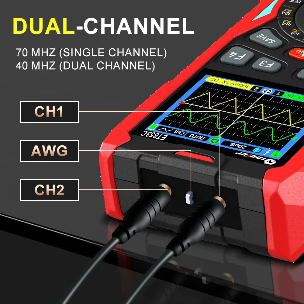 TOOLTOP ET853C 70Mhz 2CH Portable Digital Oscilloscope 20000 Counts Digital Multimeter Signal Generator 3in1 Car Repair Tools - Image 3