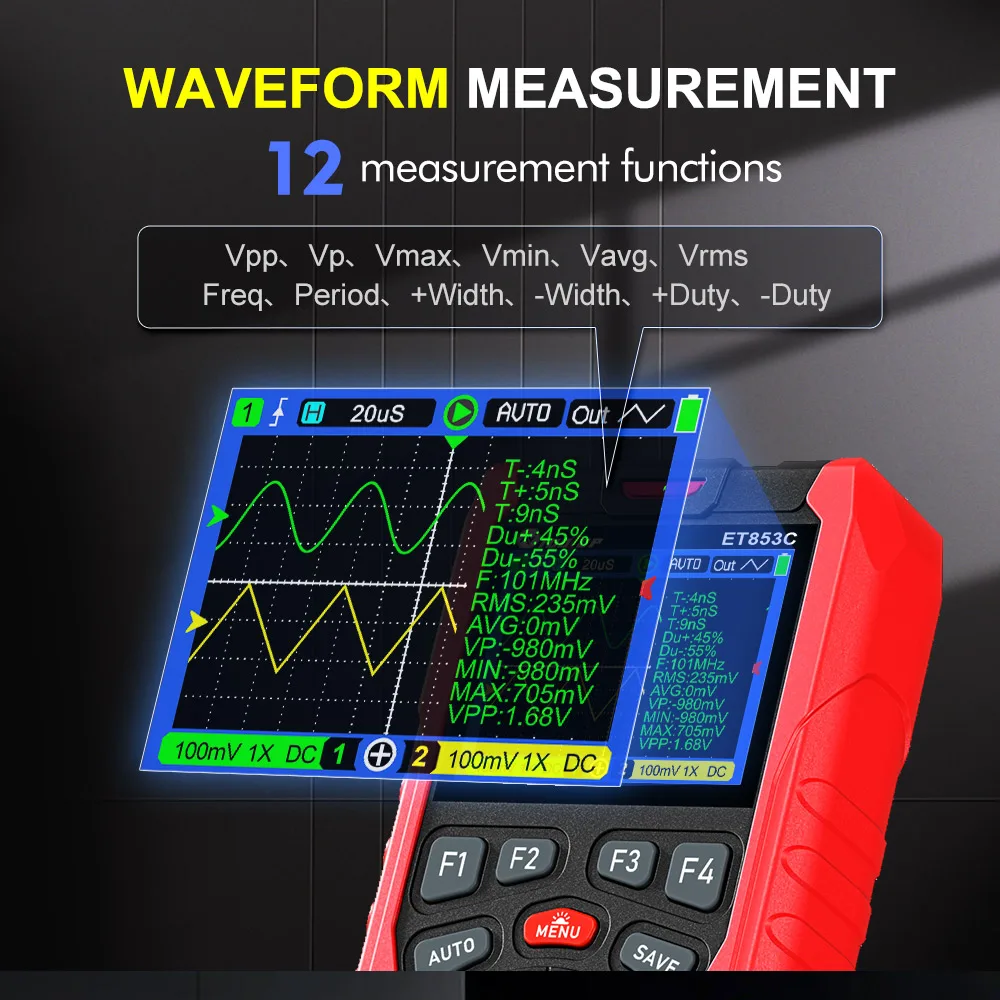 TOOLTOP ET853C 70Mhz 2CH Portable Digital Oscilloscope 20000 Counts Digital Multimeter Signal Generator 3in1 Car Repair Tools - Image 4