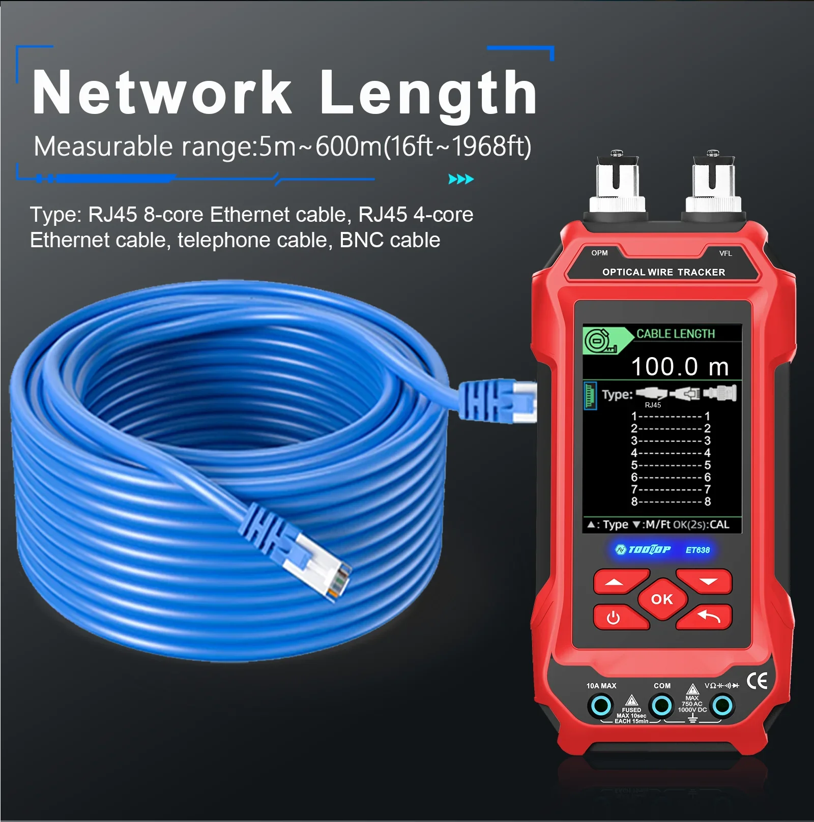 TOOLTOP ET636/ET638 Ethernet Cable Tester Multimeter Optical Power Meter Red Laser Noise-free Cable Tracing POE Voltage QC Crimp Test - Image 3