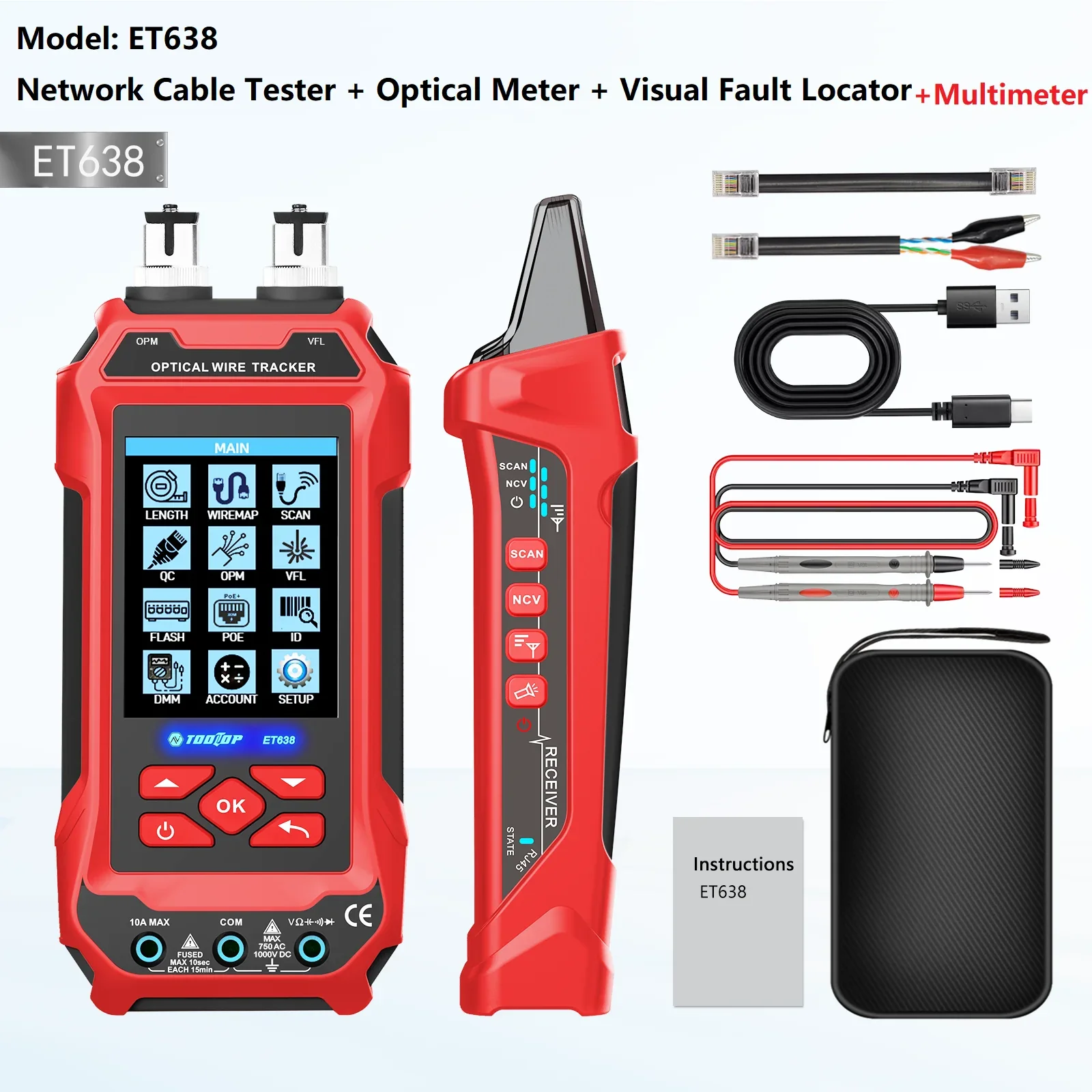 TOOLTOP ET636/ET638 Ethernet Cable Tester Multimeter Optical Power Meter Red Laser Noise-free Cable Tracing POE Voltage QC Crimp Test - Image 8