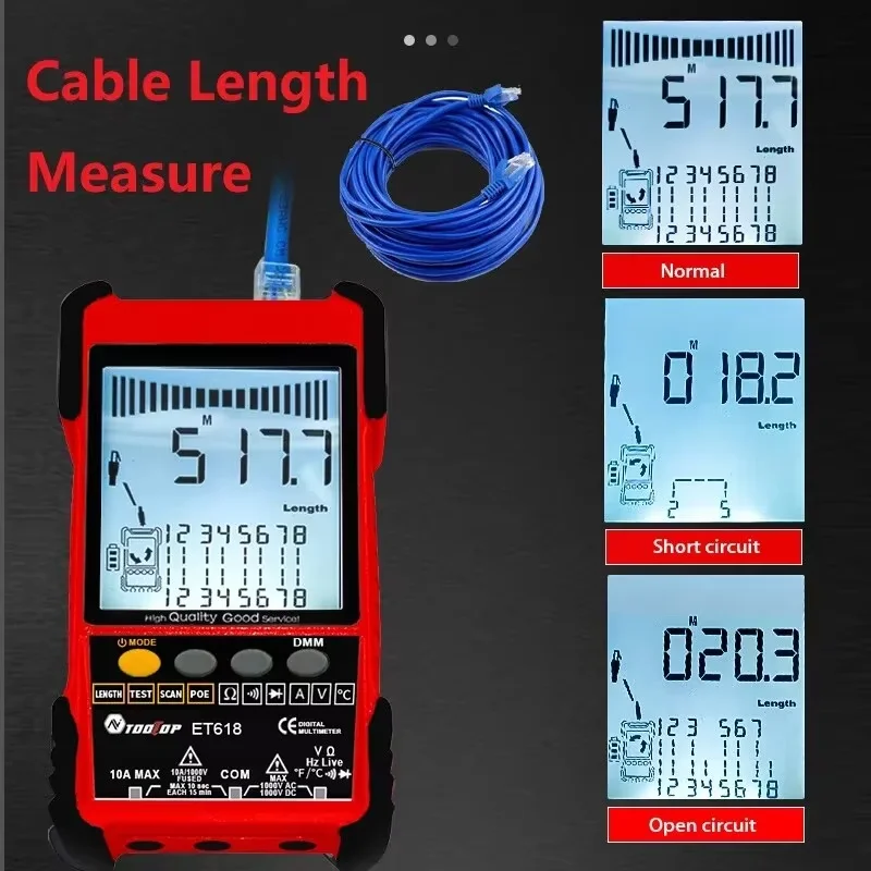 TOOLTOP ET616/ET618 Network Cable Tester Multimeter Anti-noise POE Lan Test 400M/600M Length Measure Sensitivity Adjustable Line Tracker - Image 2