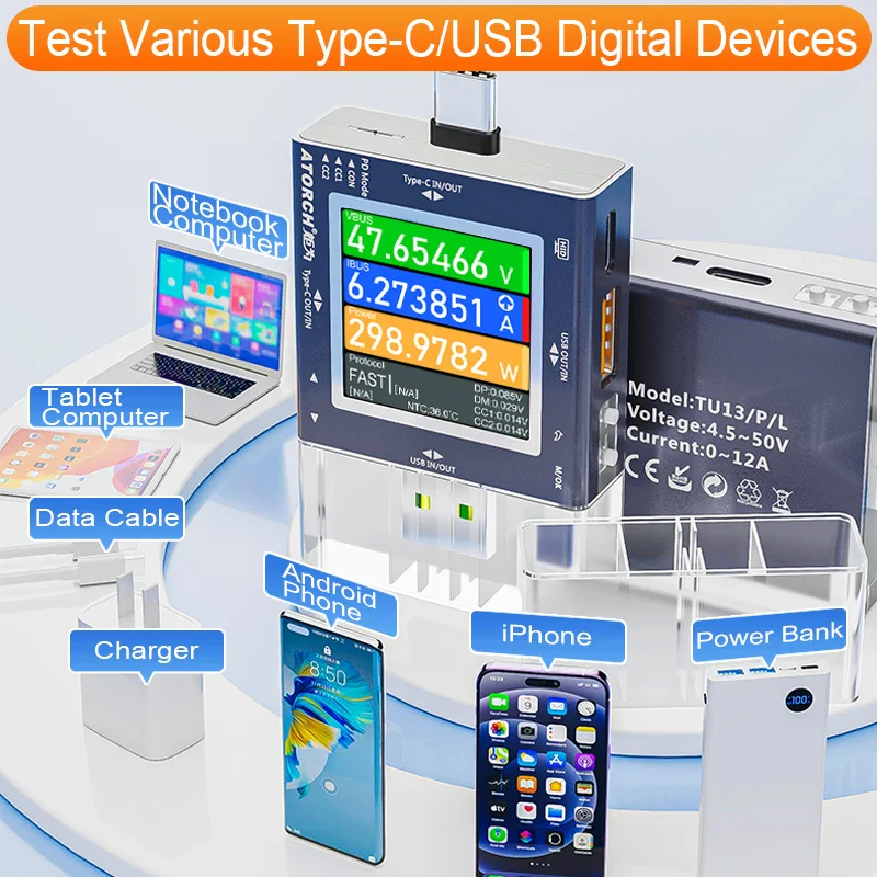 TU13 48V Type-C PD3.0 Fast charging Protocol USB Tester Voltmeter Meter Mobile Phone Charger Capacity Monitor Scalable Features - Image 5