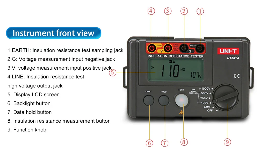 UNI-T Insulation Resistance Tester UT501 UT502 Digital Voltmeter Ohmmeter Megohmmeter Professional Ohm Meter Tester - Image 14