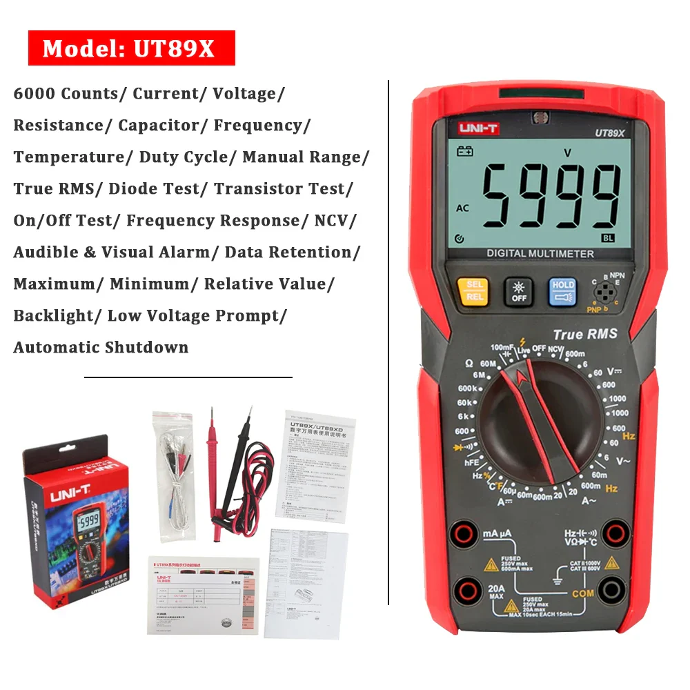 UNI-T Professional Digital Multimeter UT89X UT89XD True RMS NCV 20A Current AC DC Voltmeter Capacitance Resistance Tester - Image 7