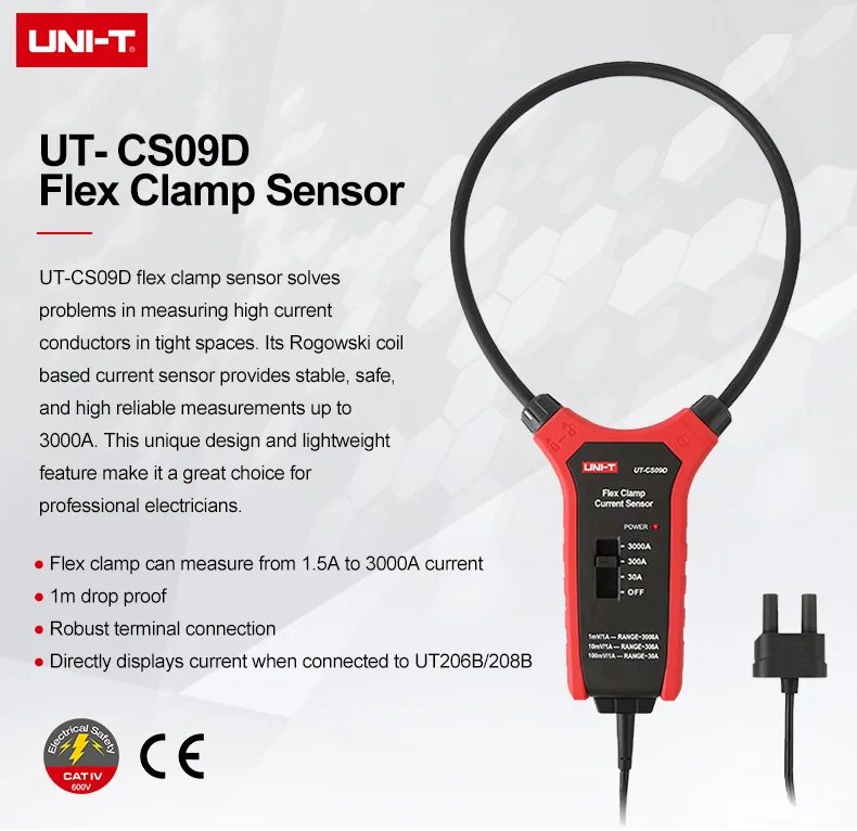 UNI-T UT-CS09D 3000A  AC Current Flexible Clamp Meter Flex Clamp Sensor Amperemeter Frequency Meter UT206B UT208B Applicable - Image 5