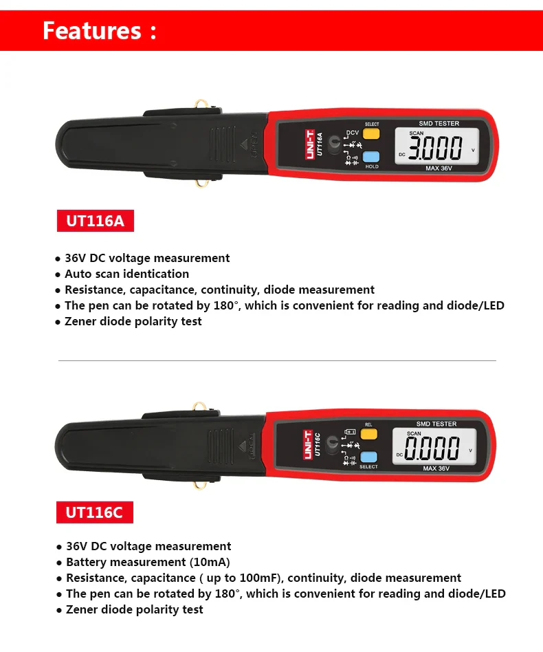 UNI-T UT116A UT116C SMD Multimeter Tester 36V Voltage Meter Resistance Capacitance Zener Diode Continuity Battery Tester - Image 10
