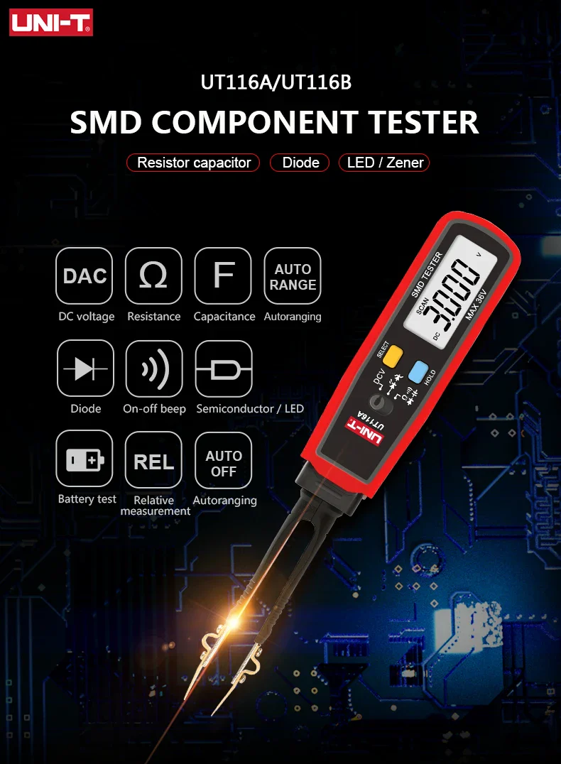 UNI-T UT116A UT116C SMD Multimeter Tester 36V Voltage Meter Resistance Capacitance Zener Diode Continuity Battery Tester - Image 6