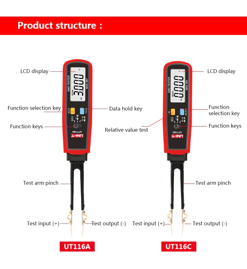 UNI-T UT116A UT116C SMD Multimeter Tester 36V Voltage Meter Resistance Capacitance Zener Diode Continuity Battery Tester - Image 9