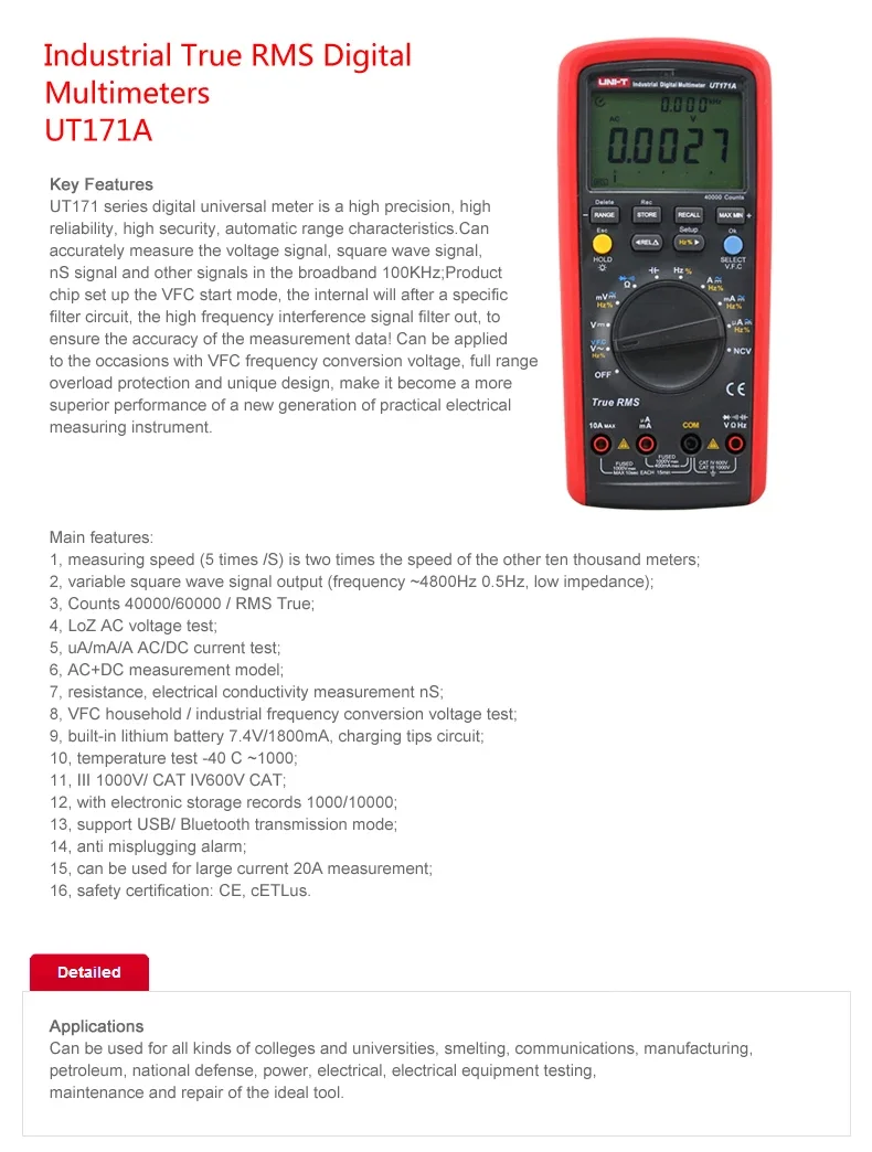 UNI-T UT171A Industrial Digital Multimeter Tester 1000V AC DC Voltage Meter True RMS Capacitor and Diode Test - Image 4