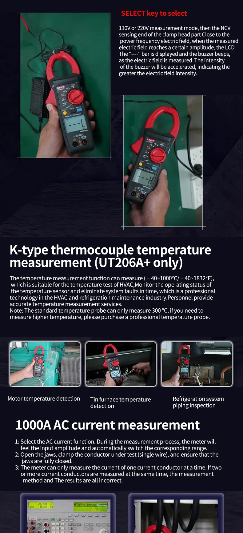 UNI-T UT205A+ UT206A+ Digital Clamp Meter 1000V AC DC Current Pliers Clamps Voltage Tester Ammeter Resistance Temperature Test - Image 13
