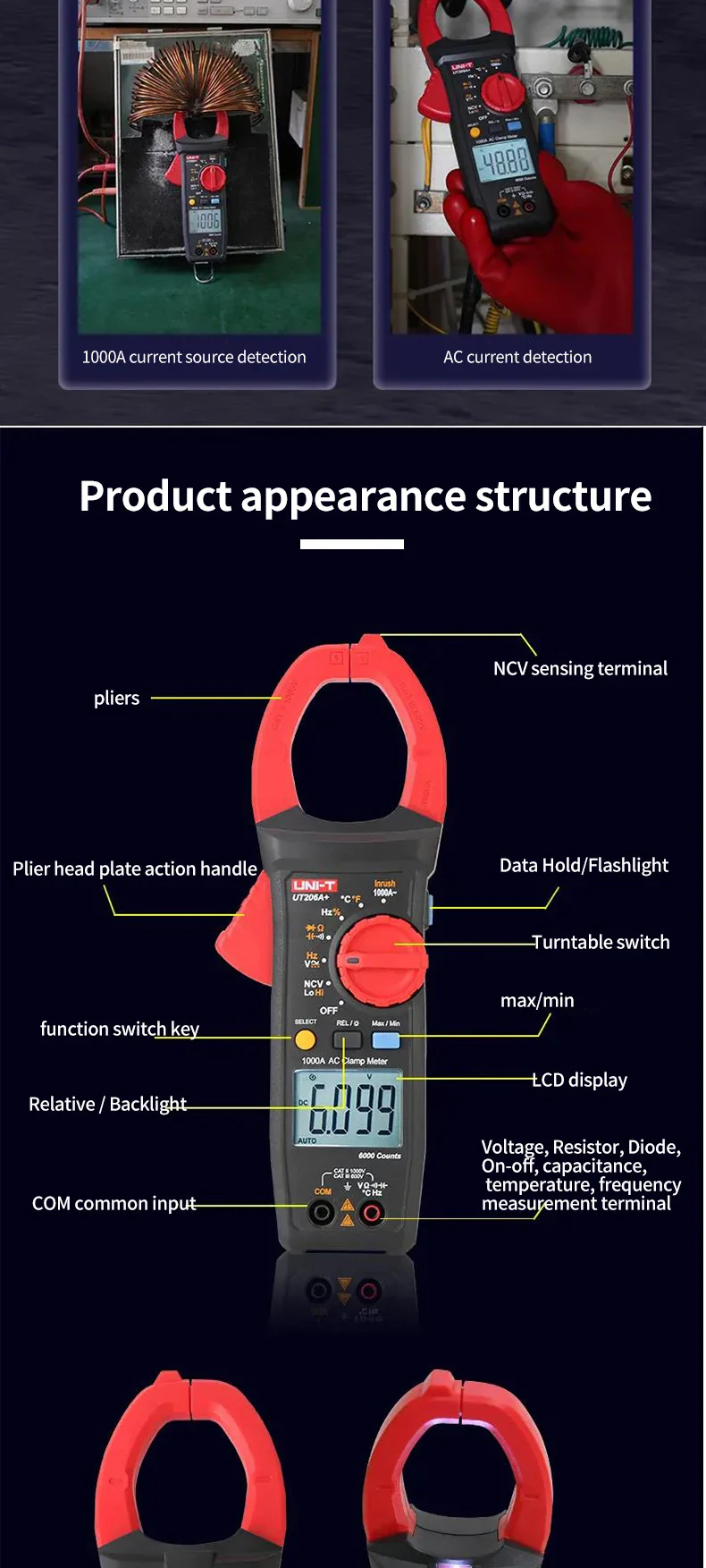 UNI-T UT205A+ UT206A+ Digital Clamp Meter 1000V AC DC Current Pliers Clamps Voltage Tester Ammeter Resistance Temperature Test - Image 14