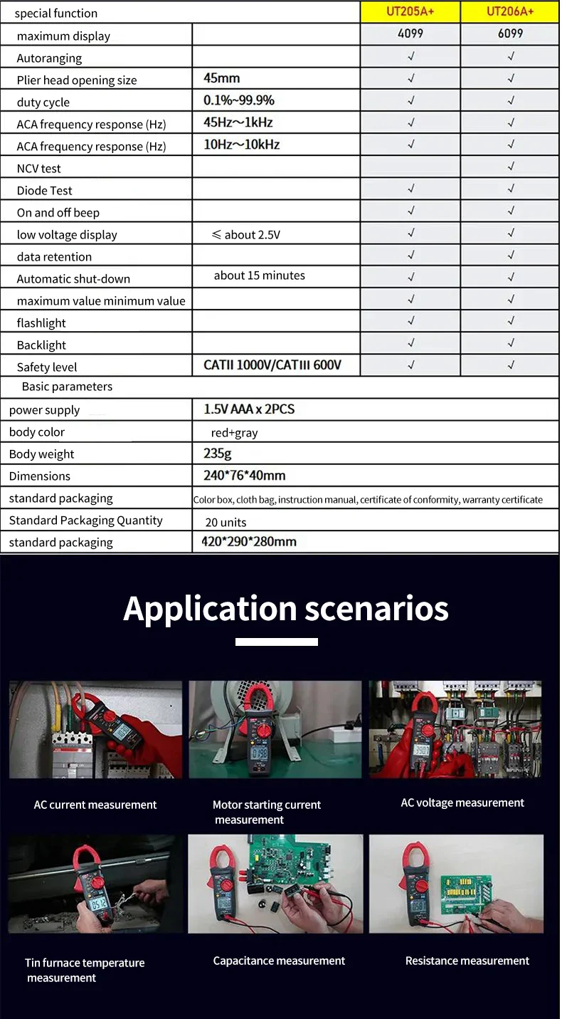 UNI-T UT205A+ UT206A+ Digital Clamp Meter 1000V AC DC Current Pliers Clamps Voltage Tester Ammeter Resistance Temperature Test - Image 16