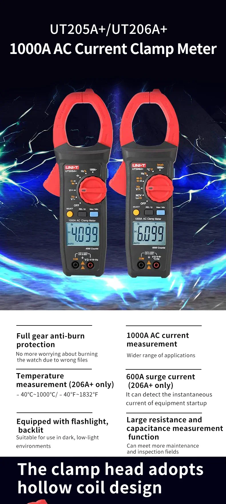 UNI-T UT205A+ UT206A+ Digital Clamp Meter 1000V AC DC Current Pliers Clamps Voltage Tester Ammeter Resistance Temperature Test - Image 8