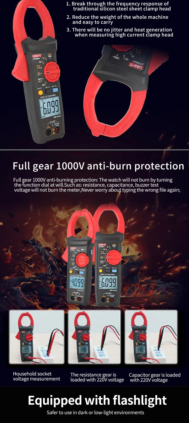UNI-T UT205A+ UT206A+ Digital Clamp Meter 1000V AC DC Current Pliers Clamps Voltage Tester Ammeter Resistance Temperature Test - Image 9