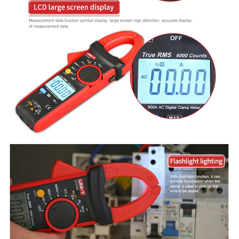 UNI-T UT216C 600A Digital Clamp Meters AC DC Current Auto Range Multimeters NCV V.F.C Diode LCD Flashlight Temperature Tester - Image 4