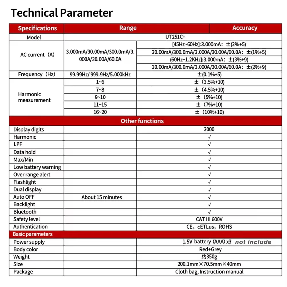 UNI-T UT251C+ Leakage Current Clamp Meter 60A AC Digital Ammeter Pliers True RMS PEAK Hold Bluetooth LPF Measure Harmonic Test - Image 6