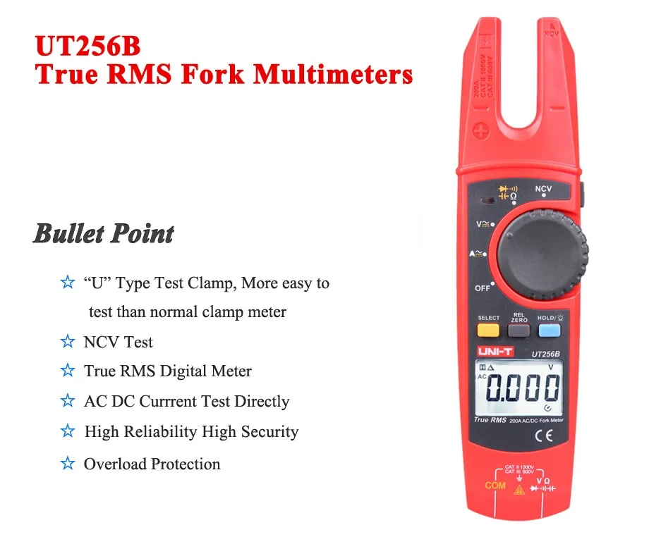 UNI-T UT256B Digital True RMS Fork Auto Multimeter 200A AC DC Current Clamp Meters NCV Tester Voltmeter Ohm Cap Auto Range More - Image 6