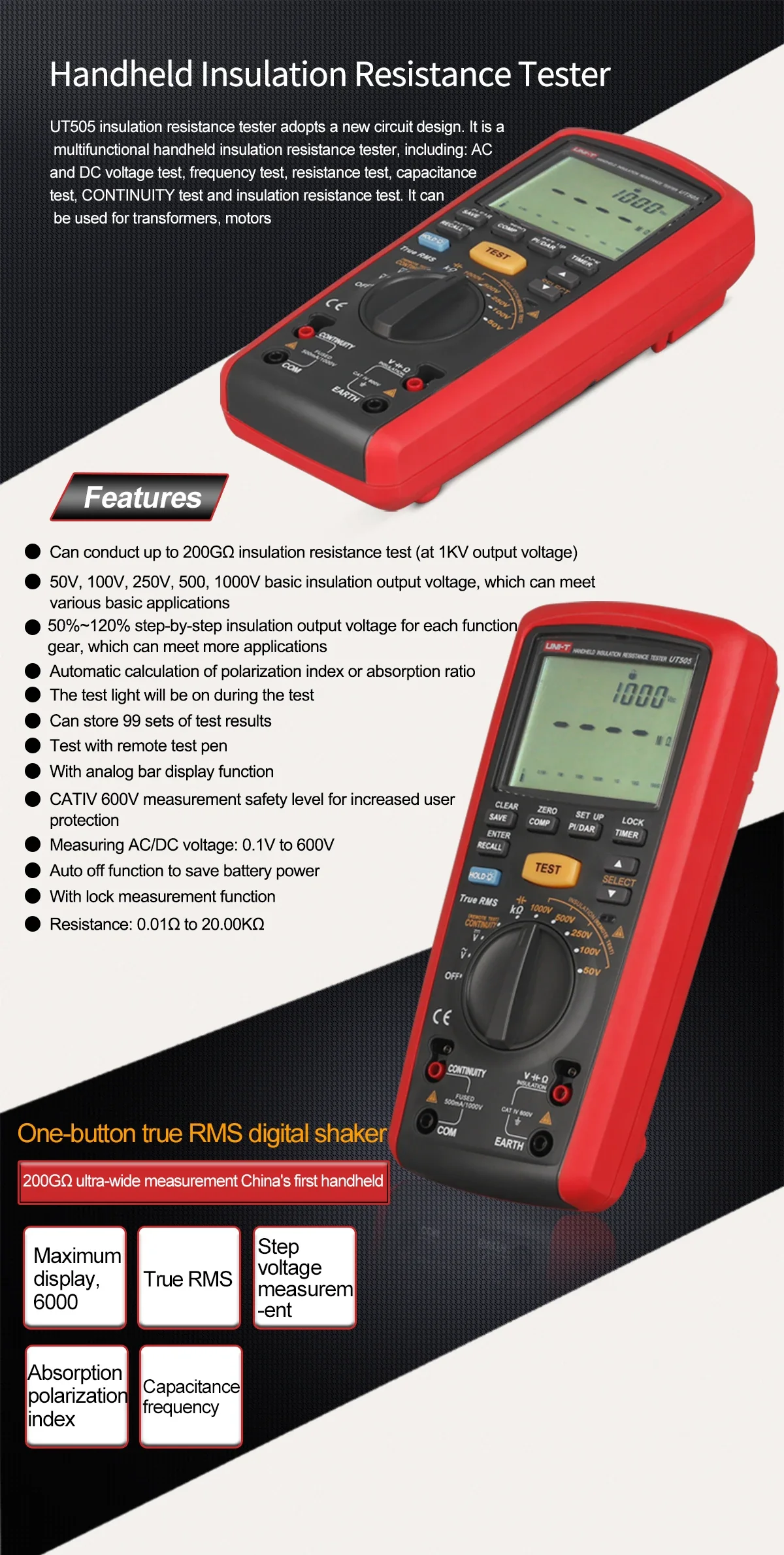 UNI-T UT505B Handheld Insulation Resistance Tester Digital Resistance Meter 1000V 200G True RMS OHM Multimeter - Image 6