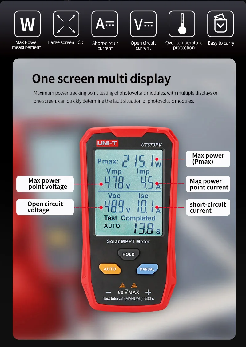 UNI-T UT673PV Solar MPPT Meter Maximum Power Tester Photovoltaic Panels Tracker Peak Open Circuit Voltage Pmax Lmp Voc Lsc Test - Image 6