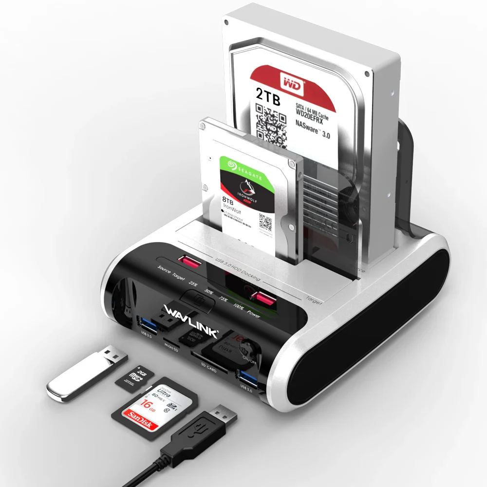 Wavlink USB 3.0 External Hard Drive Case 2.5” 3.5” SSD HDD Fast Offline Clone SATA Dual Bay Docking Station SD Card Reader - Image 3