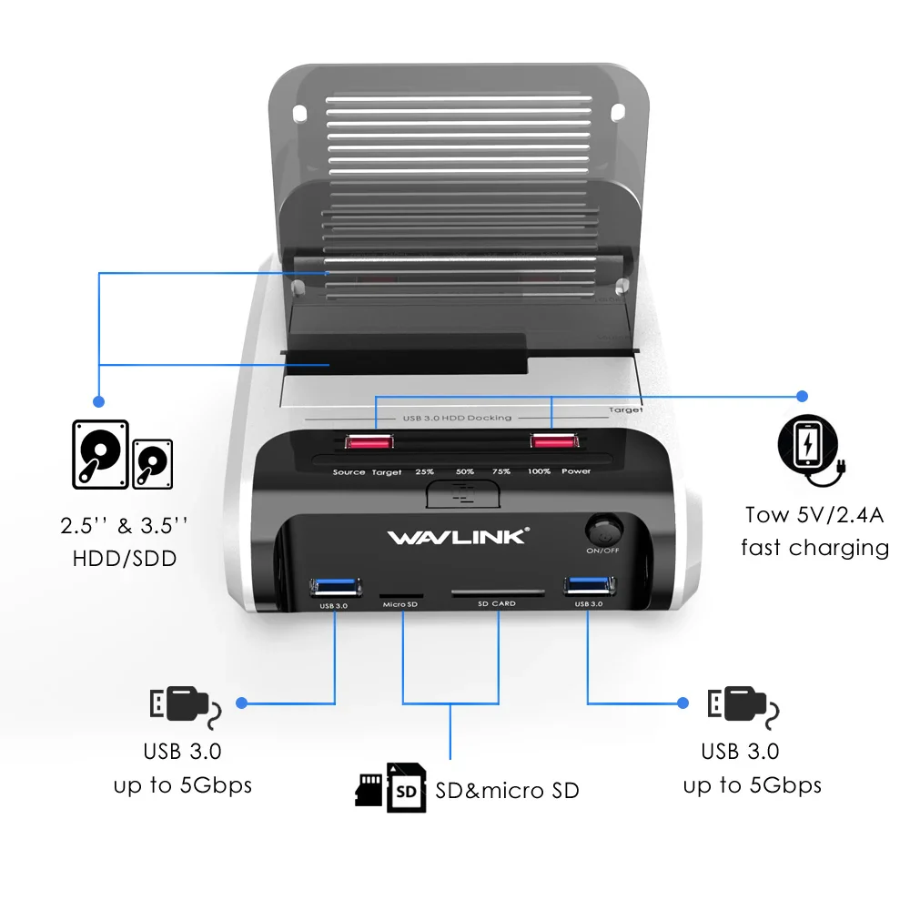 Wavlink USB 3.0 External Hard Drive Case 2.5” 3.5” SSD HDD Fast Offline Clone SATA Dual Bay Docking Station SD Card Reader - Image 6