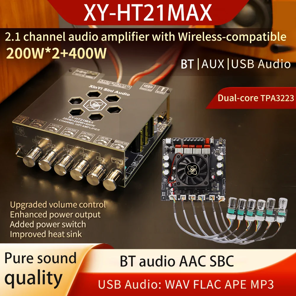 XY-HT21MAX 2.1 Channel Bluetooth Amplifier Board DC 12-42V TPA3223 Chip 200W*2+400W Bass/Treble Control Hi-Fi Audio Module - Image 2