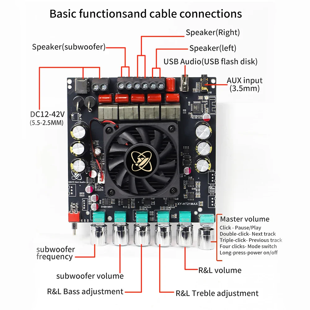 XY-HT21MAX 2.1 Channel Bluetooth Amplifier Board DC 12-42V TPA3223 Chip 200W*2+400W Bass/Treble Control Hi-Fi Audio Module - Image 6