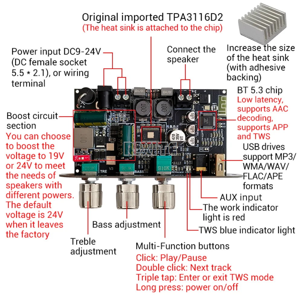 ZK-1001U 100W Bluetooth 5.3 Mono TPA3116D2 Amplifier Board Module Supports APP AUX USB Flash Drive USB Sound Card DC 9-24V - Image 3