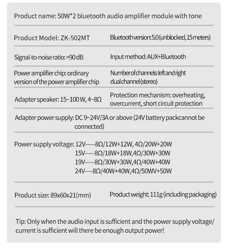 ZK-502MT Bluetooth 5.0 Subwoofer Amplifier Board 2.0 Channel High Power Audio Stereo Amplifier Board 2X50W Bass AMP - Image 6
