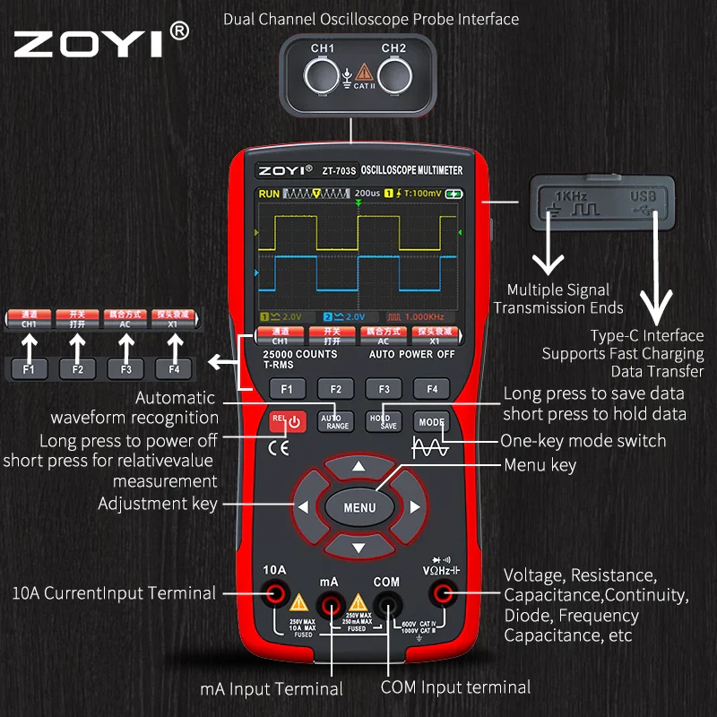 ZOYI ZT-703 Handheld digital oscilloscope multimeter three-in-one two-channel oscillometer signal generator electrician - Image 3